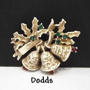 Dodds Christmas Bells Brooch White Enamel Gold Tone 1960s Vintage Rhinestone